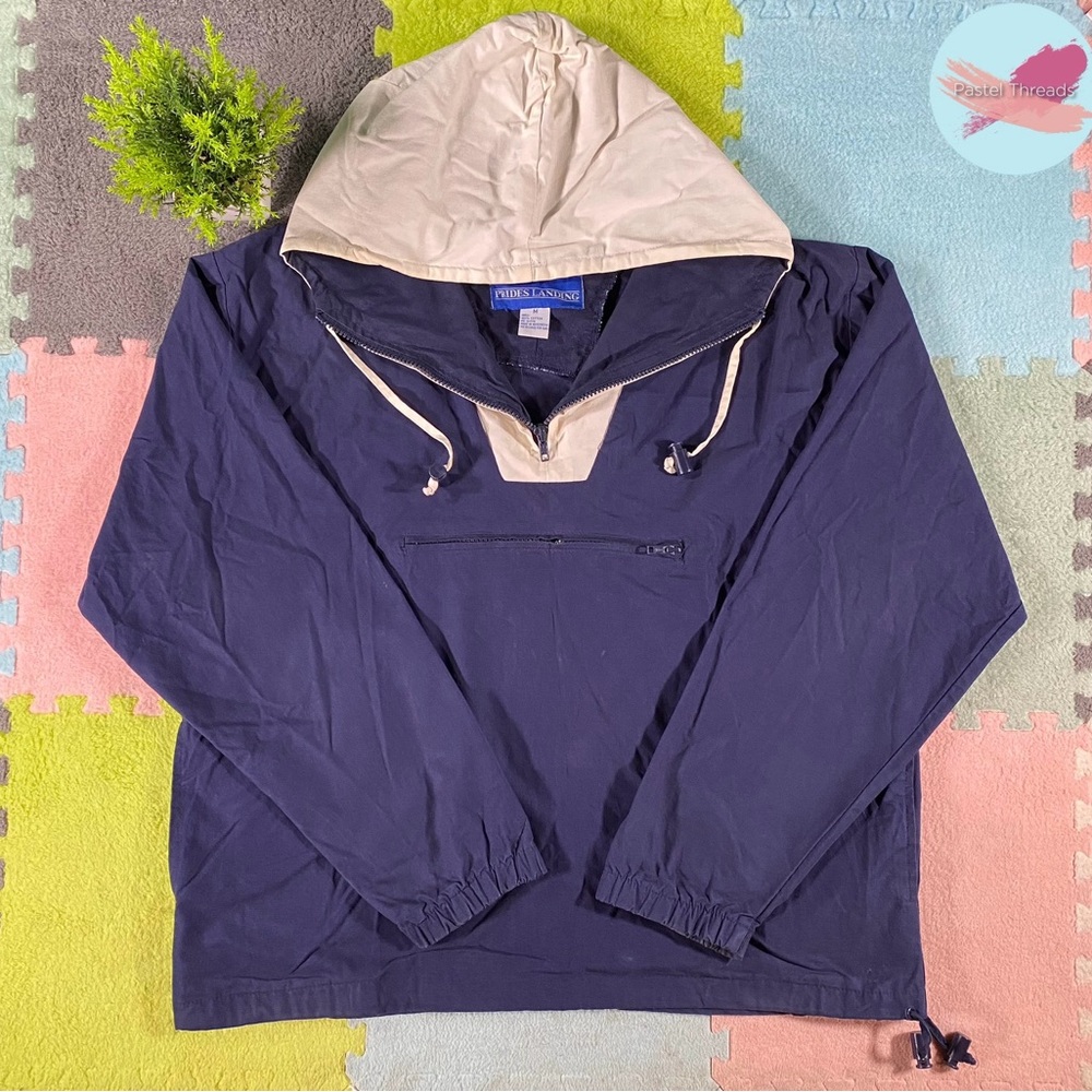 Vintage 1990’s Prides Landing Navy & White Block Quarter-Zip Windbreaker Hoodie